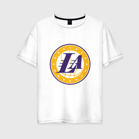 Женская футболка хлопок Oversize с принтом LA Lakers в Курске, 100% хлопок | свободный крой, круглый ворот, спущенный рукав, длина до линии бедер
 | 23 | anthony davis | basketball | bryant | game | james | kobe | lebron | los angeles | nba | sport | баскетбол | брайант | бровь | джеймс | калифорния | коби | король | леброн | лейкерс | лос анджелес | нба | спорт | тренер | чемпио