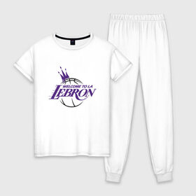 Женская пижама хлопок с принтом Welcome to LA LeBron в Курске, 100% хлопок | брюки и футболка прямого кроя, без карманов, на брюках мягкая резинка на поясе и по низу штанин | Тематика изображения на принте: 23 | anthony davis | basketball | bryant | game | james | kobe | lebron | los angeles | nba | sport | баскетбол | брайант | бровь | джеймс | калифорния | коби | король | леброн | лейкерс | лос анджелес | нба | спорт | тренер | чемпио