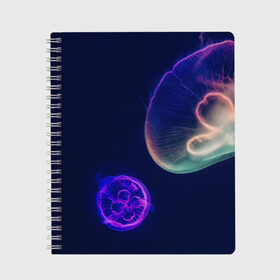 Тетрадь с принтом Фантастическая медуза в Курске, 100% бумага | 48 листов, плотность листов — 60 г/м2, плотность картонной обложки — 250 г/м2. Листы скреплены сбоку удобной пружинной спиралью. Уголки страниц и обложки скругленные. Цвет линий — светло-серый
 | Тематика изображения на принте: медуза | медуза в море | морская медуза | плавающая медуза | светящаяся медуза