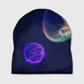 Шапка 3D с принтом Фантастическая медуза в Курске, 100% полиэстер | универсальный размер, печать по всей поверхности изделия | Тематика изображения на принте: медуза | медуза в море | морская медуза | плавающая медуза | светящаяся медуза