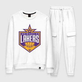 Женский костюм хлопок с принтом Los Angeles Lakers в Курске, 100% хлопок | на свитшоте круглая горловина, мягкая резинка по низу. Брюки заужены к низу, на них два вида карманов: два 
