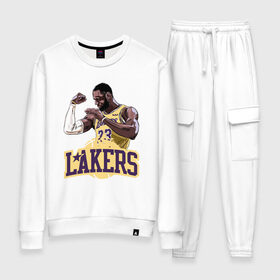 Женский костюм хлопок с принтом LeBron - Lakers в Курске, 100% хлопок | на свитшоте круглая горловина, мягкая резинка по низу. Брюки заужены к низу, на них два вида карманов: два 