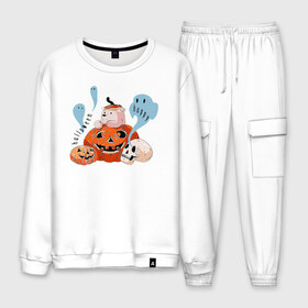 Мужской костюм хлопок с принтом Mishka phantoms and pumpkins в Курске, 100% хлопок | на свитшоте круглая горловина, мягкая резинка по низу. Брюки заужены к низу, на них два вида карманов: два “обычных” по бокам и два объемных, с клапанами, расположенные ниже линии бедра. Брюки с мягкой трикотажной резинкой на поясе и по низу штанин. В поясе для дополнительного комфорта — широкие завязки | bear | halloween | hallowen | halowen | helloween | mishka | phantom | phantoms | pumpkin | pumpkins | день всех святых | медведь | медвежонок | мишка | приведение | тыква | тыквы | фантомы | халовен | халовин | хеллуин