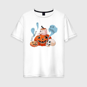 Женская футболка хлопок Oversize с принтом Mishka phantoms and pumpkins в Курске, 100% хлопок | свободный крой, круглый ворот, спущенный рукав, длина до линии бедер
 | bear | halloween | hallowen | halowen | helloween | mishka | phantom | phantoms | pumpkin | pumpkins | день всех святых | медведь | медвежонок | мишка | приведение | тыква | тыквы | фантомы | халовен | халовин | хеллуин