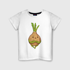 Детская футболка хлопок с принтом Хитрый лук в Курске, 100% хлопок | круглый вырез горловины, полуприлегающий силуэт, длина до линии бедер | арт | зелёный | лук | луковица | овощ | рисунок | хитрец | хитрый