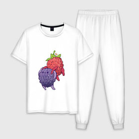 Мужская пижама хлопок с принтом Смородинки в Курске, 100% хлопок | брюки и футболка прямого кроя, без карманов, на брюках мягкая резинка на поясе и по низу штанин
 | Тематика изображения на принте: арт | красная смородина | мило | милота | рисунок | свежая ягода | свежие ягоды | свежий продукт | смородина | чёрная смородина | ягода | ягоды