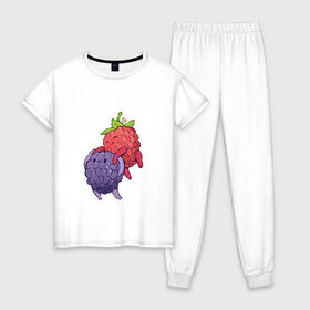 Женская пижама хлопок с принтом Смородинки в Курске, 100% хлопок | брюки и футболка прямого кроя, без карманов, на брюках мягкая резинка на поясе и по низу штанин | Тематика изображения на принте: арт | красная смородина | мило | милота | рисунок | свежая ягода | свежие ягоды | свежий продукт | смородина | чёрная смородина | ягода | ягоды