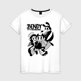 Женская футболка хлопок с принтом Bendy And The Ink Machine в Курске, 100% хлопок | прямой крой, круглый вырез горловины, длина до линии бедер, слегка спущенное плечо | bendy | bendy and the ink machine | бенди | бени | бенни | бэнди | детская | детям | игра | капли | компьютерная игра | краска | машина | подтеки | ужастик | чернила | чернильная