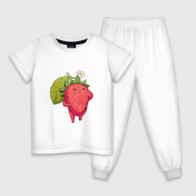 Детская пижама хлопок с принтом Довольная клубника в Курске, 100% хлопок |  брюки и футболка прямого кроя, без карманов, на брюках мягкая резинка на поясе и по низу штанин
 | Тематика изображения на принте: арт | белый цветок | белый цветочек | клубника | мило | милота | рисунок | свежая ягода | свежие ягоды | свежий продукт | цветок | цветочек | ягода | ягоды