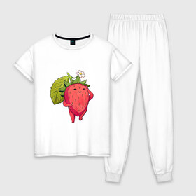 Женская пижама хлопок с принтом Довольная клубника в Курске, 100% хлопок | брюки и футболка прямого кроя, без карманов, на брюках мягкая резинка на поясе и по низу штанин | арт | белый цветок | белый цветочек | клубника | мило | милота | рисунок | свежая ягода | свежие ягоды | свежий продукт | цветок | цветочек | ягода | ягоды