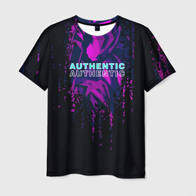 Мужская футболка 3D с принтом AUTHENTIC в Курске, 100% полиэфир | прямой крой, круглый вырез горловины, длина до линии бедер | abstraction | authentic | абстракция | аутентичный | брызги | надпись на английском | прикольная надпись | разводы | текстура | узор | фиолетовый