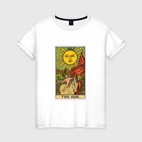 Женская футболка хлопок с принтом Аркан Солнце в Курске, 100% хлопок | прямой крой, круглый вырез горловины, длина до линии бедер, слегка спущенное плечо | аркан | духовность | знания | мистика | оккультныезнаки | символы | солнце | старший | тайные | таро | эзотерика