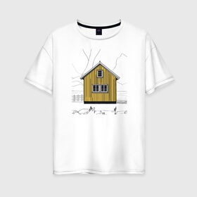 Женская футболка хлопок Oversize с принтом Яркий домик Исландии в Курске, 100% хлопок | свободный крой, круглый ворот, спущенный рукав, длина до линии бедер
 | дерево | дом | желтый | зима | исландия | остров | природа