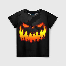 Детская футболка 3D с принтом Pumpkin smile and bats в Курске, 100% гипоаллергенный полиэфир | прямой крой, круглый вырез горловины, длина до линии бедер, чуть спущенное плечо, ткань немного тянется | 2020 | bat | bats | face | halloween | mask | nightmare | pumpkin | scary | smile | smiling | летучая | лицо | маска | мыши | мышь | привидение | страшная | тыква | улыбка | хэлоуин