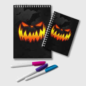 Блокнот с принтом Pumpkin smile and bats в Курске, 100% бумага | 48 листов, плотность листов — 60 г/м2, плотность картонной обложки — 250 г/м2. Листы скреплены удобной пружинной спиралью. Цвет линий — светло-серый
 | Тематика изображения на принте: 2020 | bat | bats | face | halloween | mask | nightmare | pumpkin | scary | smile | smiling | летучая | лицо | маска | мыши | мышь | привидение | страшная | тыква | улыбка | хэлоуин