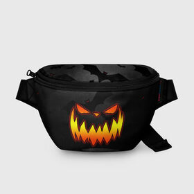 Поясная сумка 3D с принтом Pumpkin smile and bats в Курске, 100% полиэстер | плотная ткань, ремень с регулируемой длиной, внутри несколько карманов для мелочей, основное отделение и карман с обратной стороны сумки застегиваются на молнию | 2020 | bat | bats | face | halloween | mask | nightmare | pumpkin | scary | smile | smiling | летучая | лицо | маска | мыши | мышь | привидение | страшная | тыква | улыбка | хэлоуин