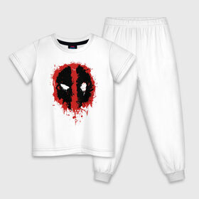 Детская пижама хлопок с принтом Deadpool logo в Курске, 100% хлопок |  брюки и футболка прямого кроя, без карманов, на брюках мягкая резинка на поясе и по низу штанин
 | Тематика изображения на принте: deadpool | logo | marvel | mutant | vdshardan | wade wilson | болтливый наемник | вэйд вилсон | дадпул | дедпул | дэдпул | дэтпул | комиксы | логотип | марвел | мутант | супергерой | уэйд уилсон