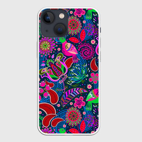 Чехол для iPhone 13 mini с принтом Pret в Курске,  |  | birds | branches | bright | colorful | flowers | folklore | leaves | motley | ornament | pattern | tangled | ветки | запутанный | листья | орнамент | пестрый | птицы | разноцветный | узор | фольклор | цветы | яркий