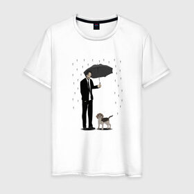 Мужская футболка хлопок с принтом Под дождем в Курске, 100% хлопок | прямой крой, круглый вырез горловины, длина до линии бедер, слегка спущенное плечо. | beagle | бигль | джон уикместь | дождь | забота | защита животных | зонт | киану ривз | охрана | собака