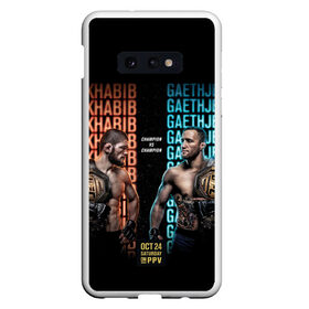 Чехол для Samsung S10E с принтом KHABIB VS. GAETHJE в Курске, Силикон | Область печати: задняя сторона чехла, без боковых панелей | america | dagestan | eagle | gaethje | highlights | justin | khabib | nurmagomedov | russia | the | ufc | америка | дагестан | джастин | нурмагомедов | орёл | россия | хабиб | хайлайт | юфс