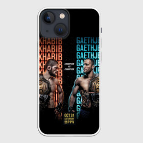 Чехол для iPhone 13 mini с принтом KHABIB VS. GAETHJE в Курске,  |  | Тематика изображения на принте: america | dagestan | eagle | gaethje | highlights | justin | khabib | nurmagomedov | russia | the | ufc | америка | дагестан | джастин | нурмагомедов | орёл | россия | хабиб | хайлайт | юфс