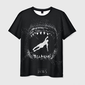 Мужская футболка 3D с принтом Челюсти JAWS в Курске, 100% полиэфир | прямой крой, круглый вырез горловины, длина до линии бедер | 2020 | shark | sharks | акула | акулы | зубы | клыки | мегаладон | меголадон | пиранья | про | фильм | фильм про акул | фильм челюсти | хеллоуин | хэллоуин | челюсти
