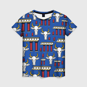 Женская футболка 3D с принтом БЕЛЫЙ БЫК. СИМВОЛ 2021 ГОДА в Курске, 100% полиэфир ( синтетическое хлопкоподобное полотно) | прямой крой, круглый вырез горловины, длина до линии бедер | белый бык | бык | год быка | греция | символ 2021 | ярко синий