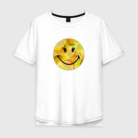 Мужская футболка хлопок Oversize с принтом Смайлик с цитрусами в Курске, 100% хлопок | свободный крой, круглый ворот, “спинка” длиннее передней части | апельсин | апельсинки | весёлый | детский | жара | желтый | женский | зелёный | лаймы | летний | лето | лимон | лимоны | оранжевый | отдых | пляж | подростковый | прикол | прикольный | радость | ребёнок