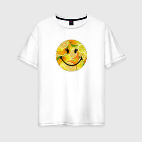 Женская футболка хлопок Oversize с принтом Смайлик с цитрусами в Курске, 100% хлопок | свободный крой, круглый ворот, спущенный рукав, длина до линии бедер
 | апельсин | апельсинки | весёлый | детский | жара | желтый | женский | зелёный | лаймы | летний | лето | лимон | лимоны | оранжевый | отдых | пляж | подростковый | прикол | прикольный | радость | ребёнок
