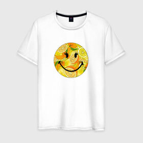 Мужская футболка хлопок с принтом Смайлик с цитрусами в Курске, 100% хлопок | прямой крой, круглый вырез горловины, длина до линии бедер, слегка спущенное плечо. | апельсин | апельсинки | весёлый | детский | жара | желтый | женский | зелёный | лаймы | летний | лето | лимон | лимоны | оранжевый | отдых | пляж | подростковый | прикол | прикольный | радость | ребёнок