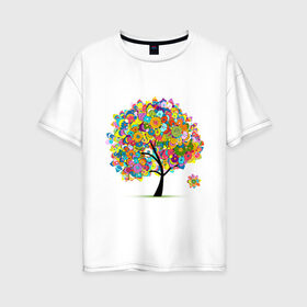Женская футболка хлопок Oversize с принтом Flower tree в Курске, 100% хлопок | свободный крой, круглый ворот, спущенный рукав, длина до линии бедер
 | девушкам | дерево | зелень | листок | орнамент | цветы