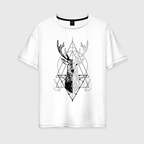 Женская футболка хлопок Oversize с принтом Polygonal deer в Курске, 100% хлопок | свободный крой, круглый ворот, спущенный рукав, длина до линии бедер
 | animals | black | circles | deer | drawing | forest | geometric | low poly | poly | silhouette | tattoo | triangles | wild | белый | геометрический | дикий | животные | звери | зверь | контур | круги | лес | лесной | мужской | олени | олень | полигональны