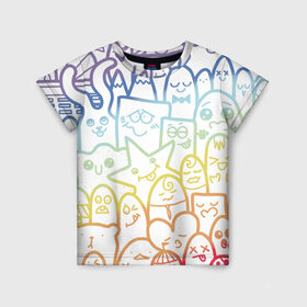 Детская футболка 3D с принтом Радужные дудлы в Курске, 100% гипоаллергенный полиэфир | прямой крой, круглый вырез горловины, длина до линии бедер, чуть спущенное плечо, ткань немного тянется | doodle | горы | динозавр | дудл | жираф | заяц | звезда | карандаш | лапки | медведь | облако | птица | радуга | сердце | телевизор | улыбка | утёнок