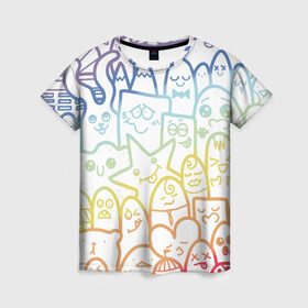 Женская футболка 3D с принтом Радужные дудлы в Курске, 100% полиэфир ( синтетическое хлопкоподобное полотно) | прямой крой, круглый вырез горловины, длина до линии бедер | doodle | горы | динозавр | дудл | жираф | заяц | звезда | карандаш | лапки | медведь | облако | птица | радуга | сердце | телевизор | улыбка | утёнок