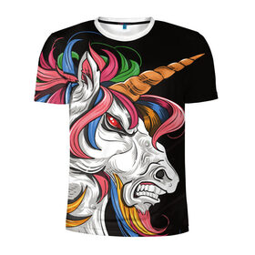 Мужская футболка 3D спортивная с принтом Evil unicorn в Курске, 100% полиэстер с улучшенными характеристиками | приталенный силуэт, круглая горловина, широкие плечи, сужается к линии бедра | black | blue | evil | evil unicorn | green yellow | horn | horse | multicolored | pink | red | white | белый | зеленый желтый | зло | злой единорог | конь | красный | лошадь | разноцветный | рог | розовый | синий | черный