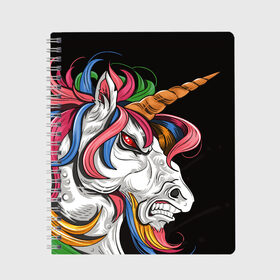Тетрадь с принтом Evil unicorn в Курске, 100% бумага | 48 листов, плотность листов — 60 г/м2, плотность картонной обложки — 250 г/м2. Листы скреплены сбоку удобной пружинной спиралью. Уголки страниц и обложки скругленные. Цвет линий — светло-серый
 | black | blue | evil | evil unicorn | green yellow | horn | horse | multicolored | pink | red | white | белый | зеленый желтый | зло | злой единорог | конь | красный | лошадь | разноцветный | рог | розовый | синий | черный