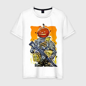 Мужская футболка хлопок с принтом Хэллоуин Калибр в Курске, 100% хлопок | прямой крой, круглый вырез горловины, длина до линии бедер, слегка спущенное плечо. | Тематика изображения на принте: калибр | солдат | тыква | хэллоуин
