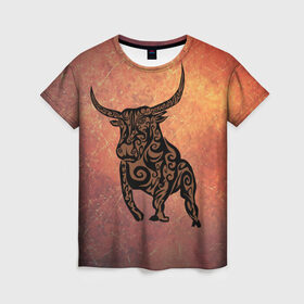 Женская футболка 3D с принтом Символ года 2021 Бык в Курске, 100% полиэфир ( синтетическое хлопкоподобное полотно) | прямой крой, круглый вырез горловины, длина до линии бедер | 2021 | бык | животное | животные | новый год | орнамент | сила | символ года | узор | ярость