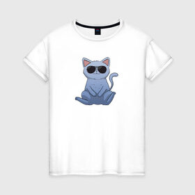 Женская футболка хлопок с принтом Blue Cat в Курске, 100% хлопок | прямой крой, круглый вырез горловины, длина до линии бедер, слегка спущенное плечо | домашний | животные | звери | киса | киска | кот | котенок | котэ | котя | кошка | крутой | лапочка | милый | мимими | модный | очки | синий | хороший
