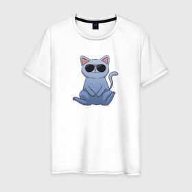 Мужская футболка хлопок с принтом Blue Cat в Курске, 100% хлопок | прямой крой, круглый вырез горловины, длина до линии бедер, слегка спущенное плечо. | домашний | животные | звери | киса | киска | кот | котенок | котэ | котя | кошка | крутой | лапочка | милый | мимими | модный | очки | синий | хороший