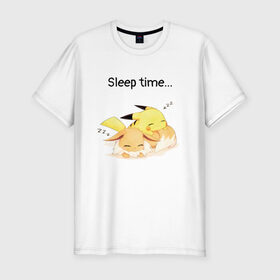Мужская футболка хлопок Slim с принтом Сон в Курске, 92% хлопок, 8% лайкра | приталенный силуэт, круглый вырез ворота, длина до линии бедра, короткий рукав | аниме | время спать | пикачу | покемоны | сон