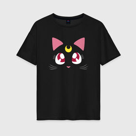 Женская футболка хлопок Oversize с принтом Luna Cat. Sailor Moon в Курске, 100% хлопок | свободный крой, круглый ворот, спущенный рукав, длина до линии бедер
 | anime | cute | аниме | взгляд | волшебство | глаза | киса | киска | кот | котенок | котэ | котя | кошка | лапочка | луна | магия | месяц | милый | мимими | мордочка | сейлор мун | хороший | япония