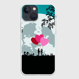 Чехол для iPhone 13 mini с принтом Влюбленная Пара в Курске,  |  | heart | leaves | love | love you | minimal | moon | night | влюбленная пара | влюбленные | воздушные шары | деревья | листья | луна | любовь | минимализм | ночь | отношения | полнолуние | природа | сердечки | сердца | сердце