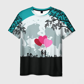 Мужская футболка 3D с принтом Влюбленная Пара в Курске, 100% полиэфир | прямой крой, круглый вырез горловины, длина до линии бедер | heart | leaves | love | love you | minimal | moon | night | влюбленная пара | влюбленные | воздушные шары | деревья | листья | луна | любовь | минимализм | ночь | отношения | полнолуние | природа | сердечки | сердца | сердце