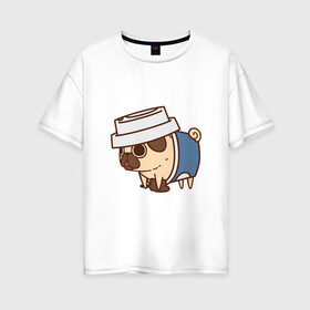 Женская футболка хлопок Oversize с принтом Кофейный мопс в Курске, 100% хлопок | свободный крой, круглый ворот, спущенный рукав, длина до линии бедер
 | арт | кофе | мопс | рисунок | сладкий | сладость | собака в костюме | собака в костюмчике | шоколад
