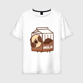 Женская футболка хлопок Oversize с принтом Шоколадное молоко-мопс в Курске, 100% хлопок | свободный крой, круглый ворот, спущенный рукав, длина до линии бедер
 | арт | молоко | мопс | рисунок | сладкий | сладость | собака в костюме | собака в костюмчике | шоколад