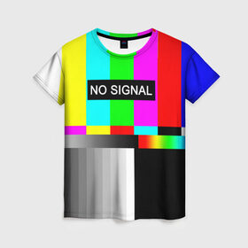 Женская футболка 3D с принтом NO SIGNAL в Курске, 100% полиэфир ( синтетическое хлопкоподобное полотно) | прямой крой, круглый вырез горловины, длина до линии бедер | no signal | не работает | нет сигнала | полосы | профилактика | радуга