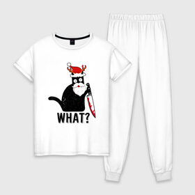 Женская пижама хлопок с принтом What Cat (Новый Год) в Курске, 100% хлопок | брюки и футболка прямого кроя, без карманов, на брюках мягкая резинка на поясе и по низу штанин | 