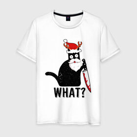 Мужская футболка хлопок с принтом What Cat (Новый Год) в Курске, 100% хлопок | прямой крой, круглый вырез горловины, длина до линии бедер, слегка спущенное плечо. | 