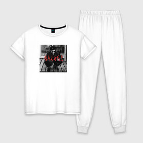 Женская пижама хлопок с принтом SALUKI в Курске, 100% хлопок | брюки и футболка прямого кроя, без карманов, на брюках мягкая резинка на поясе и по низу штанин | rap | saluki | saluki rap | рэп | рэпер | салюки